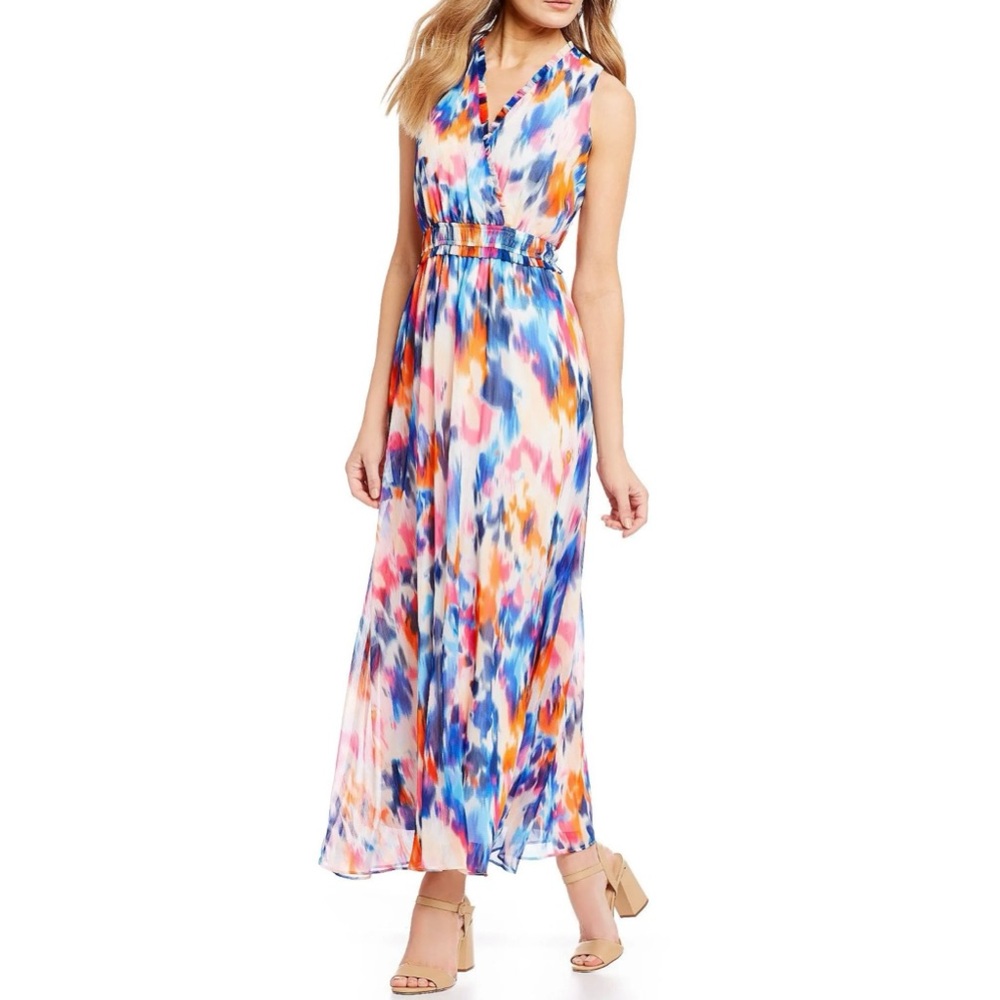 London Times Sleeveless Chiffon Watercolor Elegant Maxi Dress Sz 12
